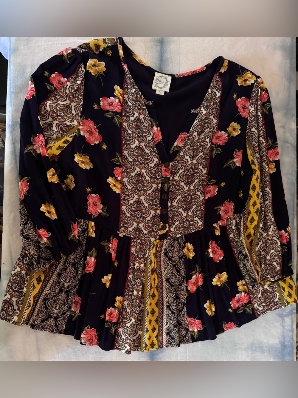 Blue Rain Navy Floral Patchwork Peasant Top with Yellow Accents